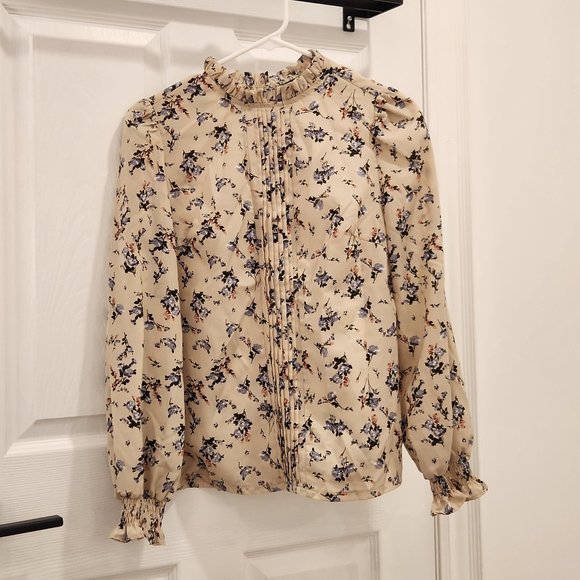 Shein Frill Neck Pleated Front Shirred Cuff Floral Print Top Apricot - Picture 1 of 7